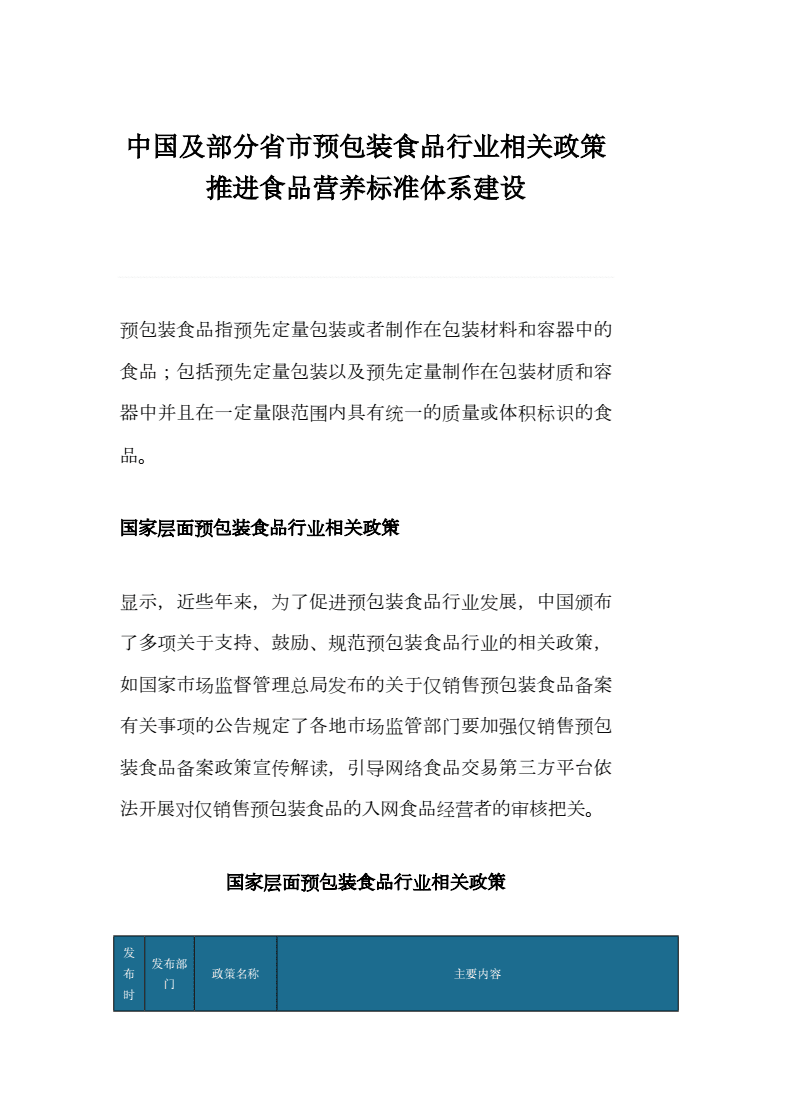 中国及部分省市预包装食品行业相关政策推进食品营养标准体系建设.docx